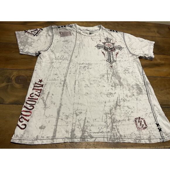 AFFLICTION Y2K Shirt Men’s White Size 2XL Distressed Cross Grunge Punk - Picture 1 of 8
